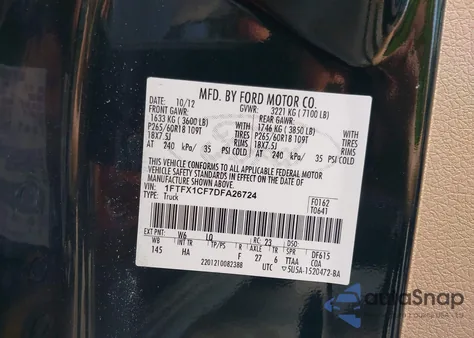 2013 Ford F-150 Lariat из США, поврежденный, VIN 1FTFX1CF7DFA26724